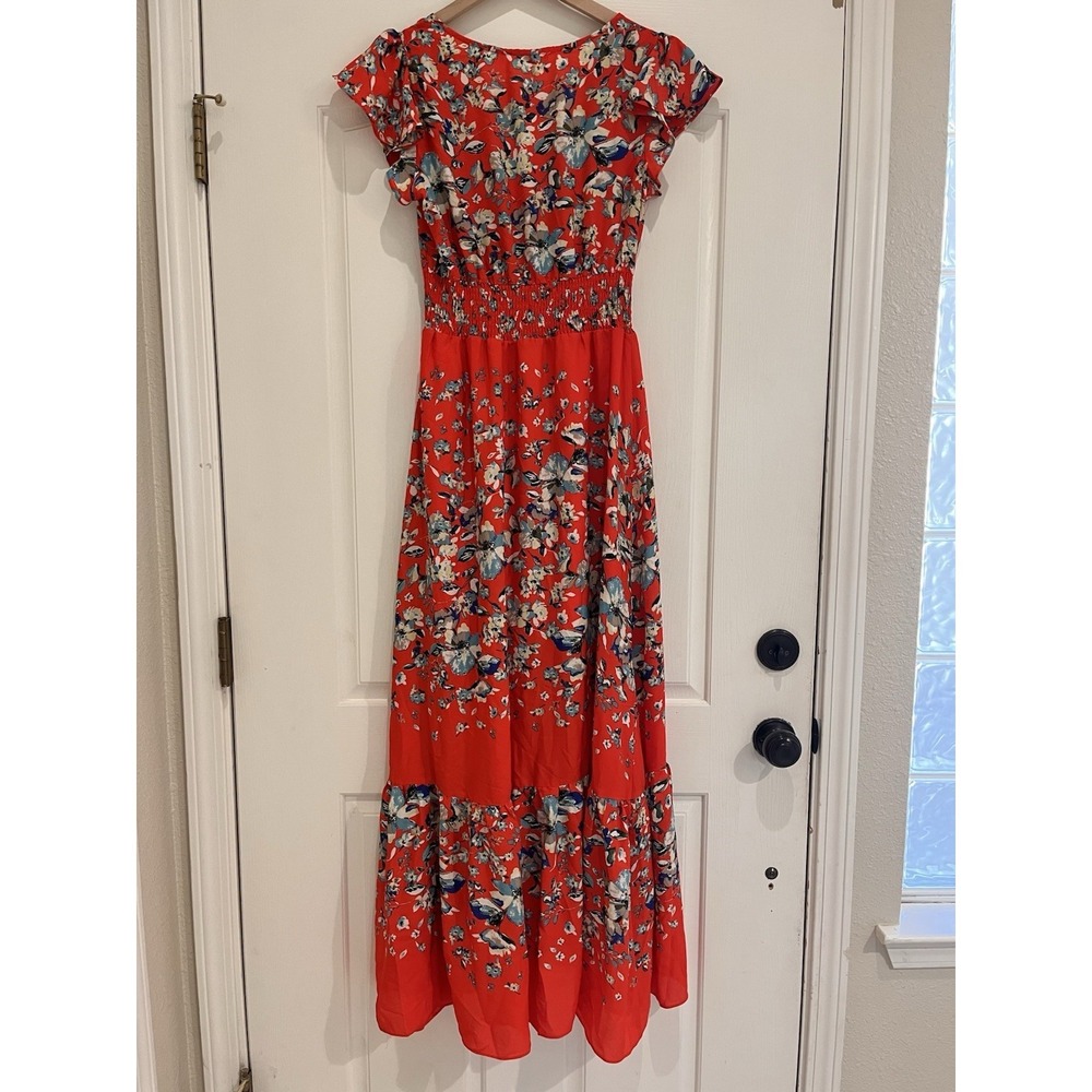 Miss Me Vibrant Maxi M Smocked Button Flowy Tiered Floral All Over Print Garden - Picture 4 of 7